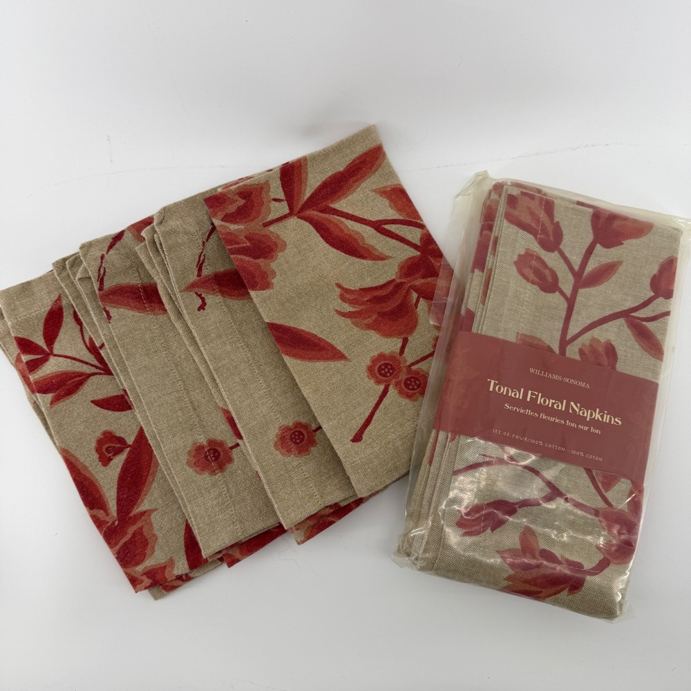 Williams Sonoma Tonal Floral Napkins Red Tan Cotton Set of 8 Table Linens 2005
